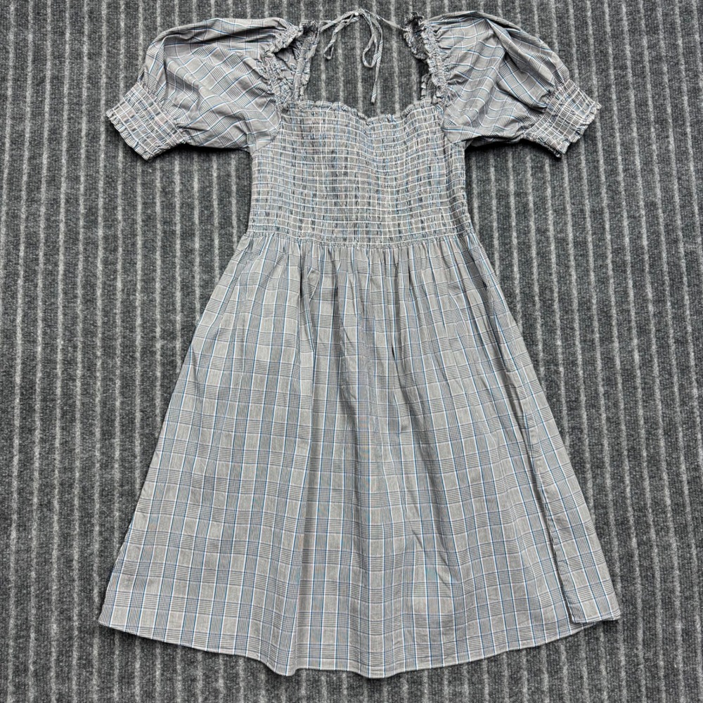 Hill House Womens XS Grey Plaid Nap Dress Smocked Puff Sleeve (2469)